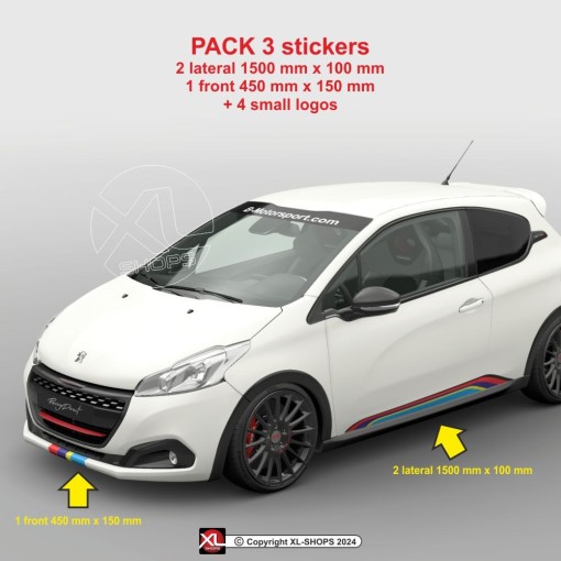 3 adesivi RALLYE nei colori PEUGEOT SPORT per le minigonne laterali di 107 108 206 207 208 308 2008 3008 5008 RCZ