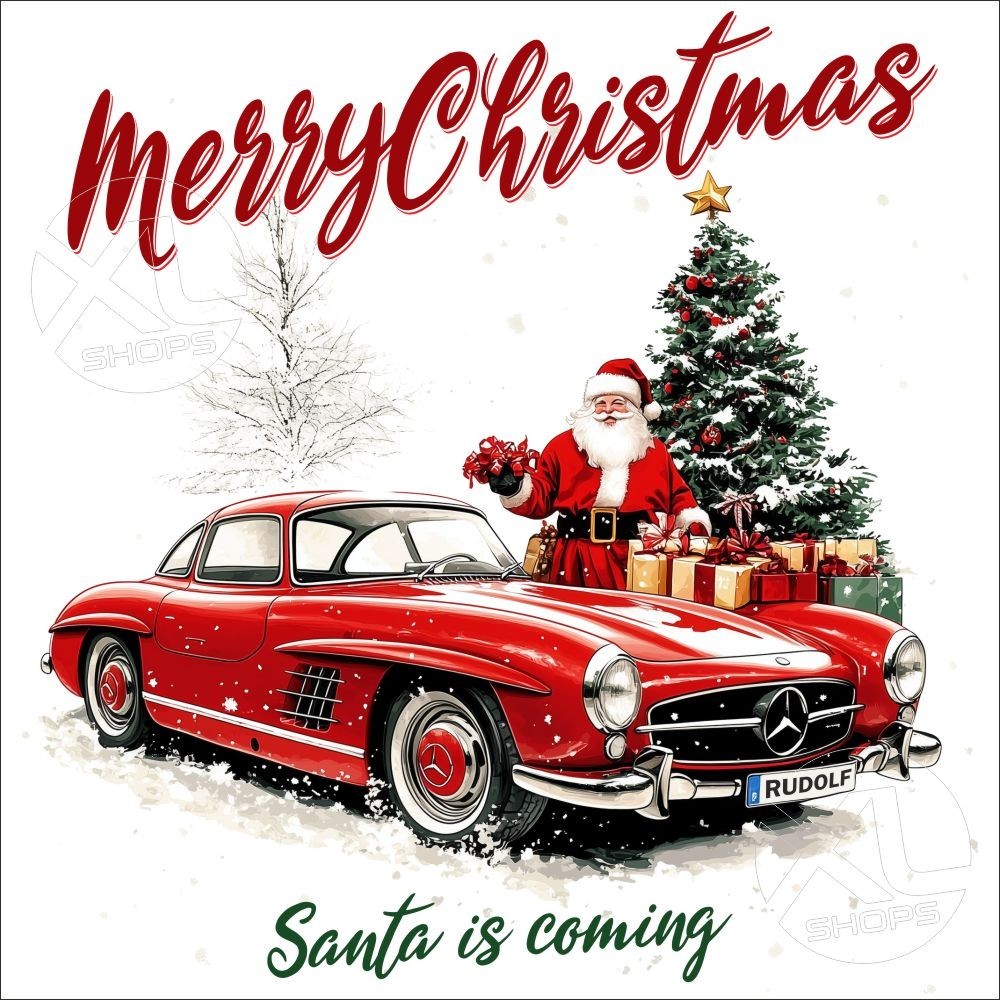 MERRY CHRISTMAS T-Shirt regalo di Natale con Babbo Natale e la sua MERCEDES 300 SL T-Shirt unisex