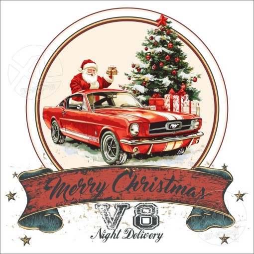 MERRY CHRISTMAS T-Shirt regalo di Natale con Babbo Natale e la sua Ford Mustang V8 T-Shirt unisex