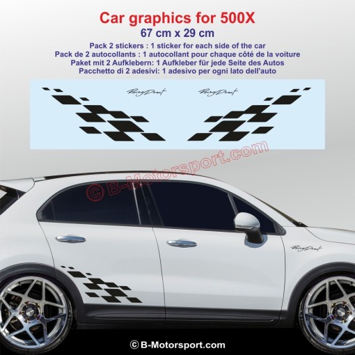 MOTORSPORT 2 adesivi fasce laterali bandiera a scacchi per FIAT 500 500C 500E 500L Panda Punto Tipo Spider