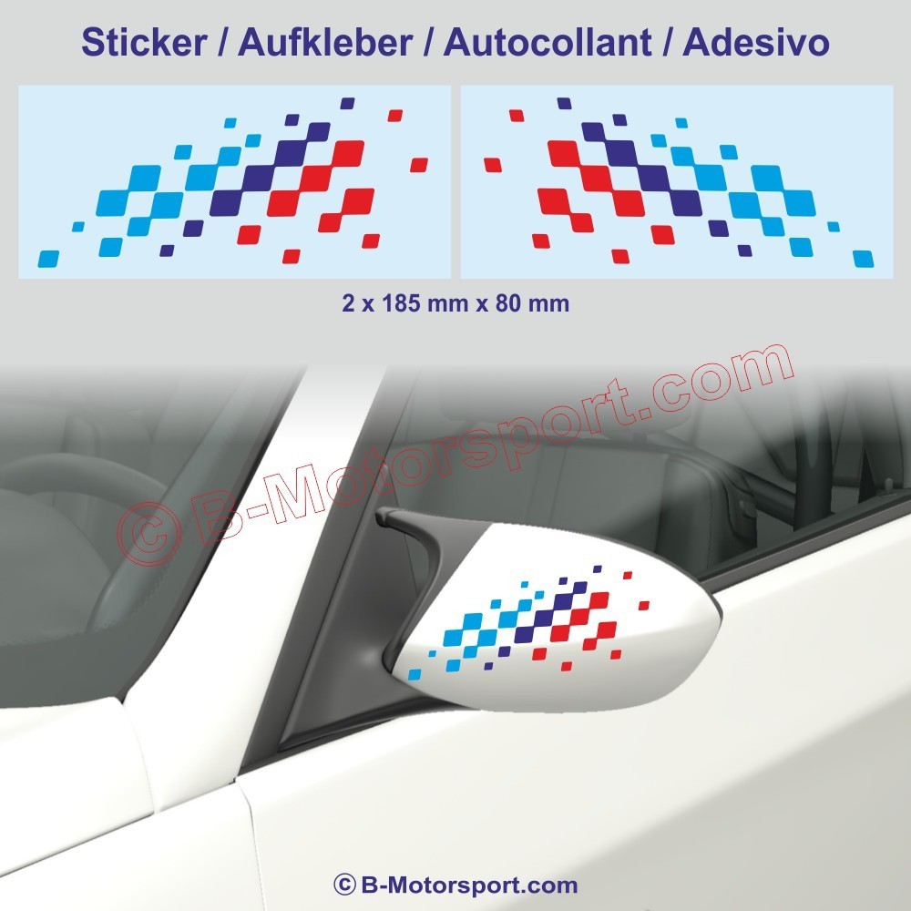 Set di adesivi a scacchi per specchietto BMW nei colori M-Power – 1 sinistro + 1 destro