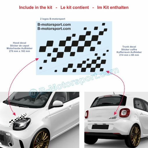 Schachbrett Aufkleber für alle SMART - 1 Aufkleber für die Motorhaube und 1 für den Kofferraum.