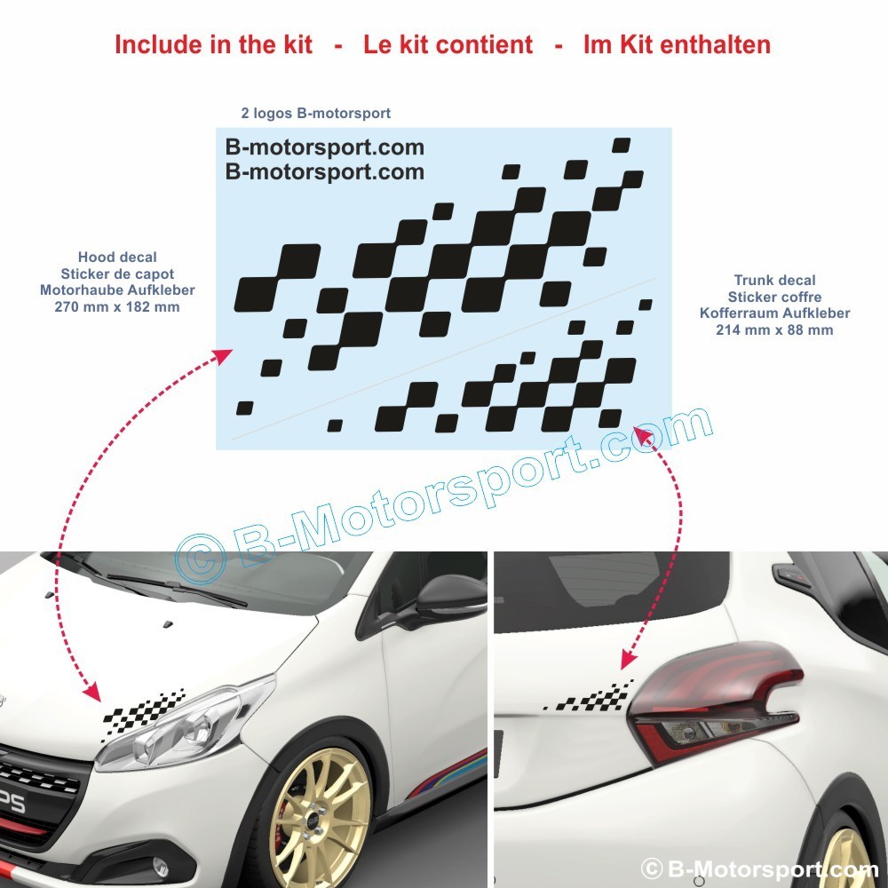 Chequered flag sticker decal for PEUGEOT - 1 sticker for the hood and 1 for the trunk