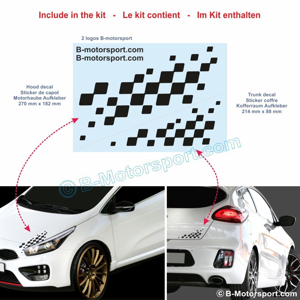Autocollant damier Racing pour KIA - 1 autocollant pour le capot et 1 pour le coffre
