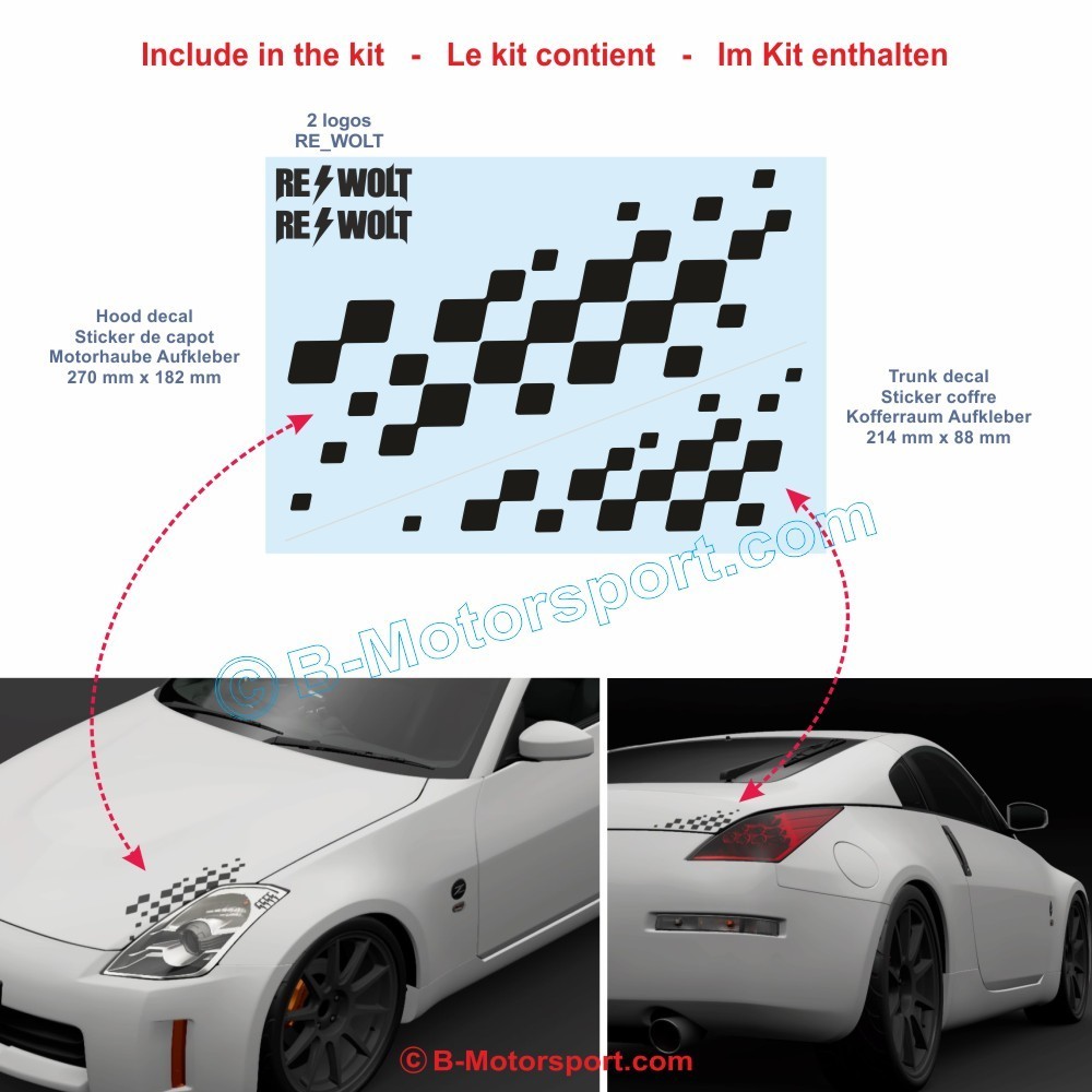 Schachbrett Aufkleber für alle NISSAN - 1 Aufkleber für die Motorhaube und 1 für den Kofferraum.