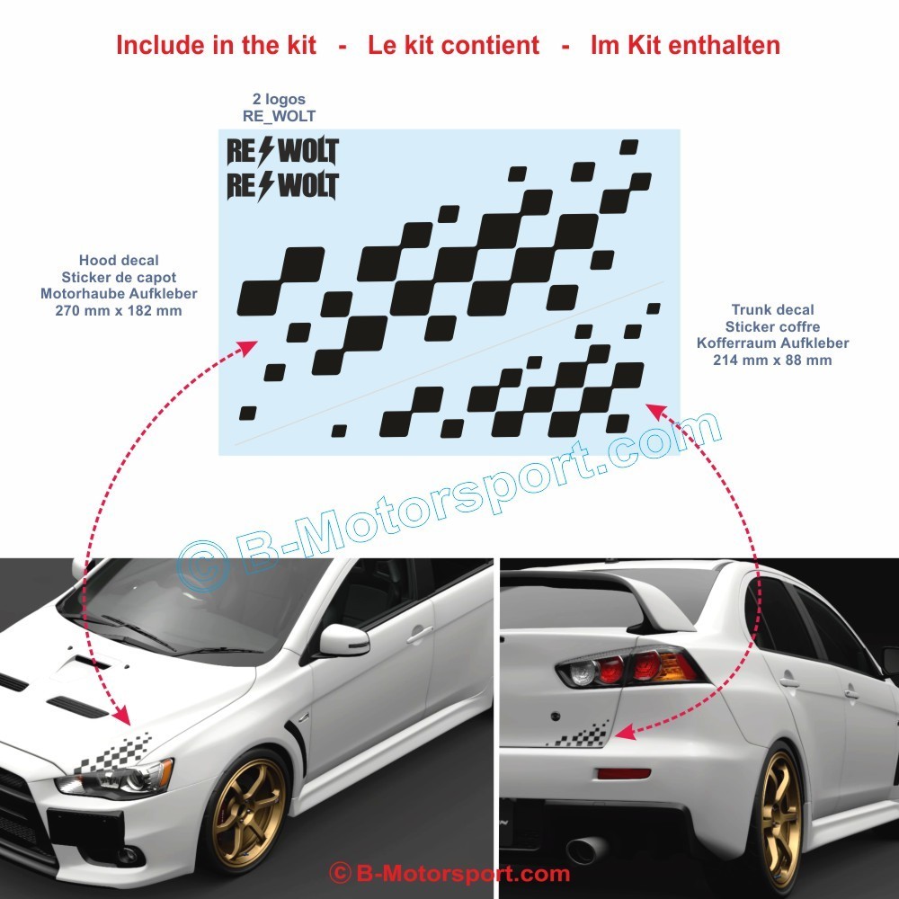 Autocollant damier Racing pour MITSUBISHI - 1 autocollant pour le capot et 1 pour le coffre
