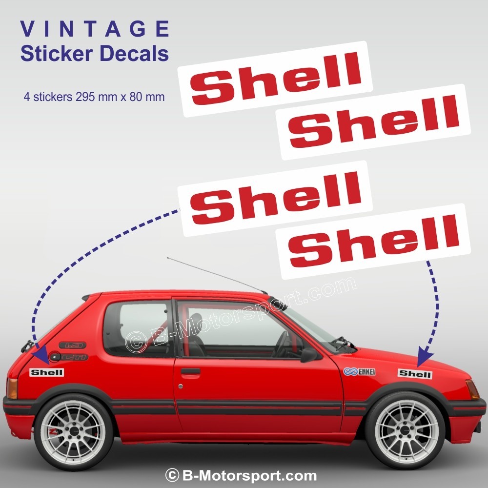 SHELL - Set mit 4 Rennen-Aufklebern mit weißem Hintergrund