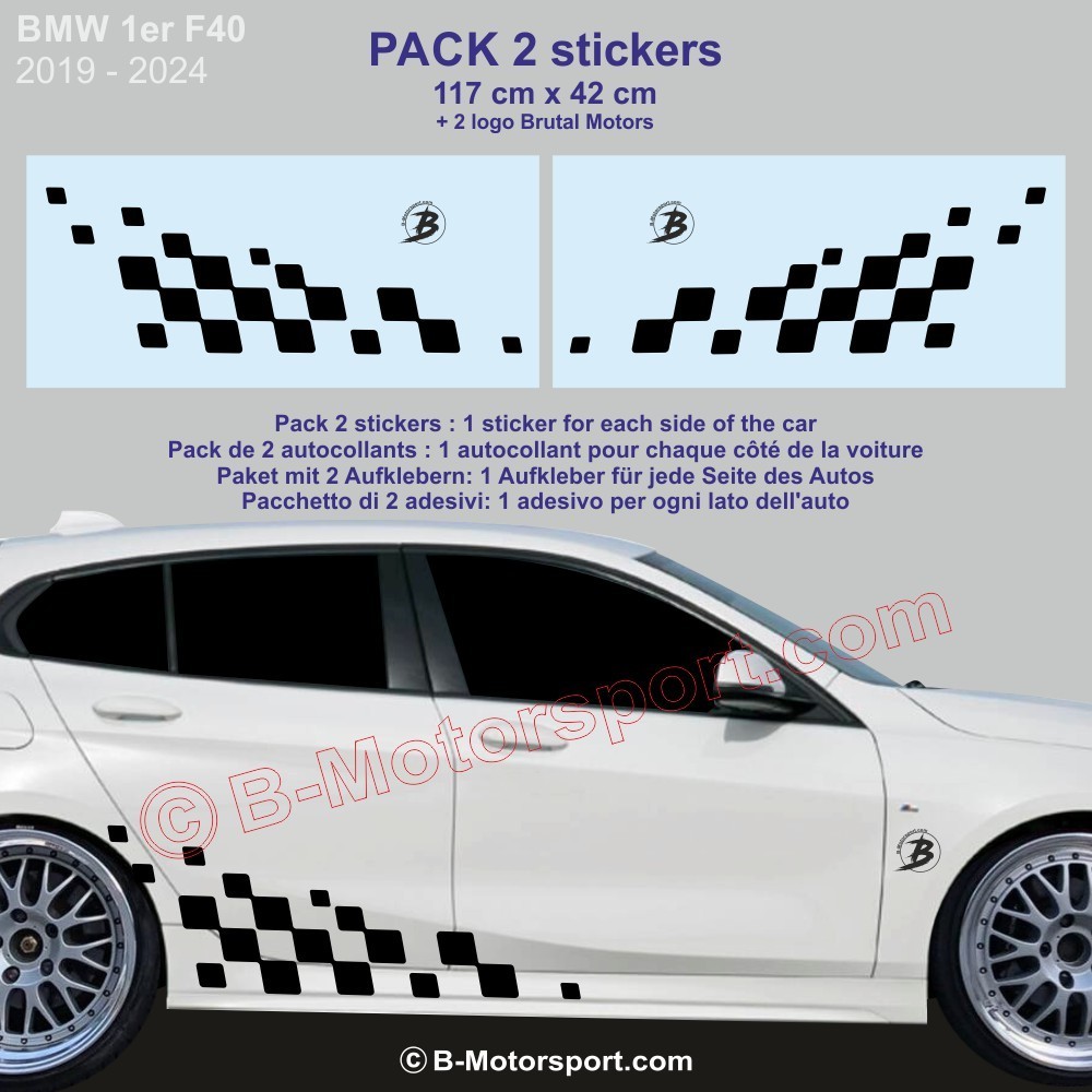 Damiers latéraux 117 cm - 2 stickers autocollant Racing compatible avec toutes les BMW série 1