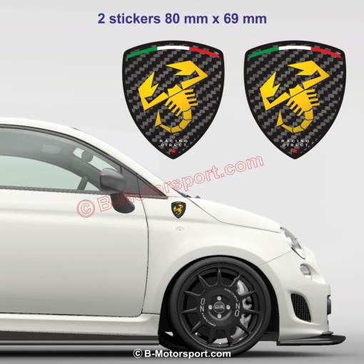 2 Adesivi logo FIAT ABARTH carbonio e scorpione giallo
