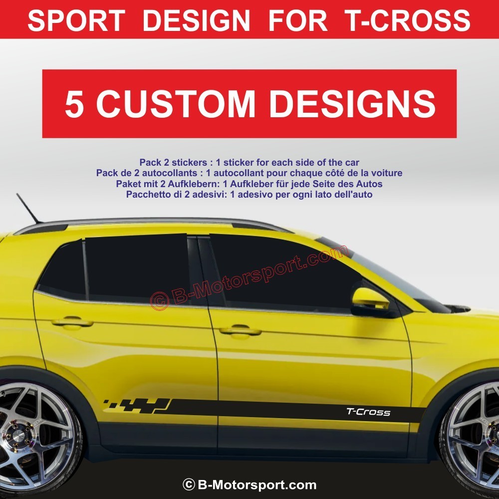 VW T-CROSS – Sportliches Seitenstreifen-Aufkleber-Set – 5 Designs für Seitenschweller